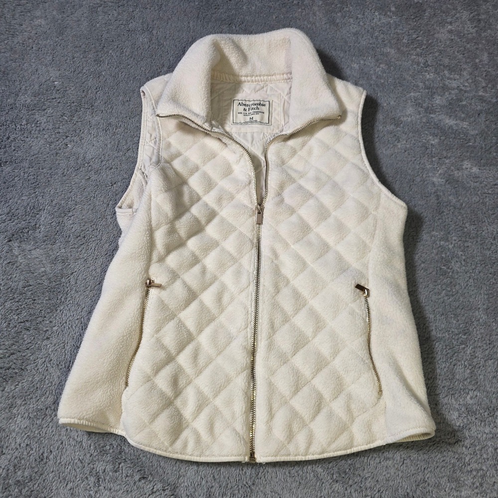 Abercrombie & Fitch Womens M Quilted Fleece Vest Cream Gold Zip Pockets 1372 - Picture 1 of 6